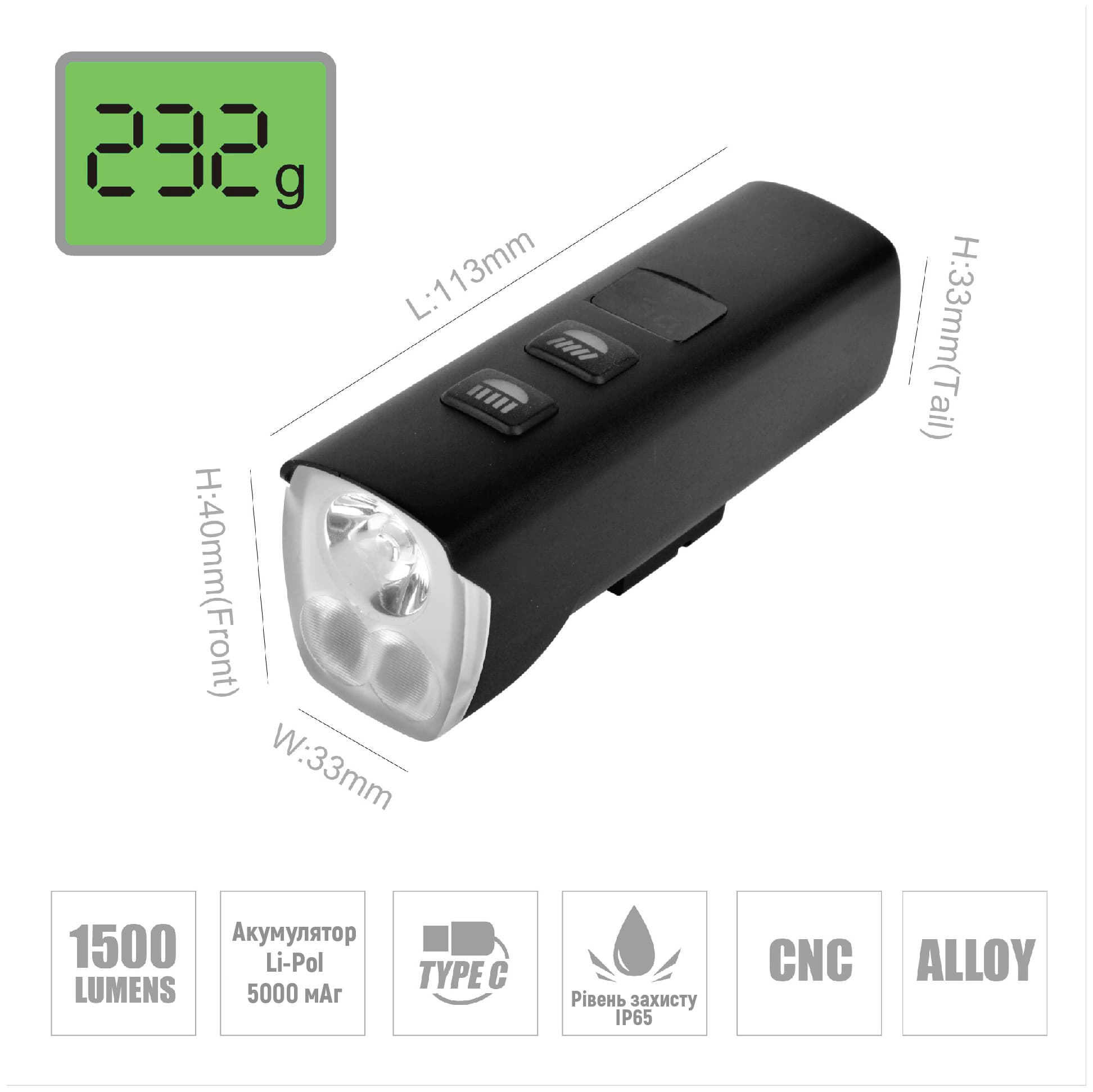Велосипедна фара ONRIDE Swift (1500 lm, 4800 mAh, Type-C), Power Bank, інд. заряду, алюмінієва — мініатюра 2