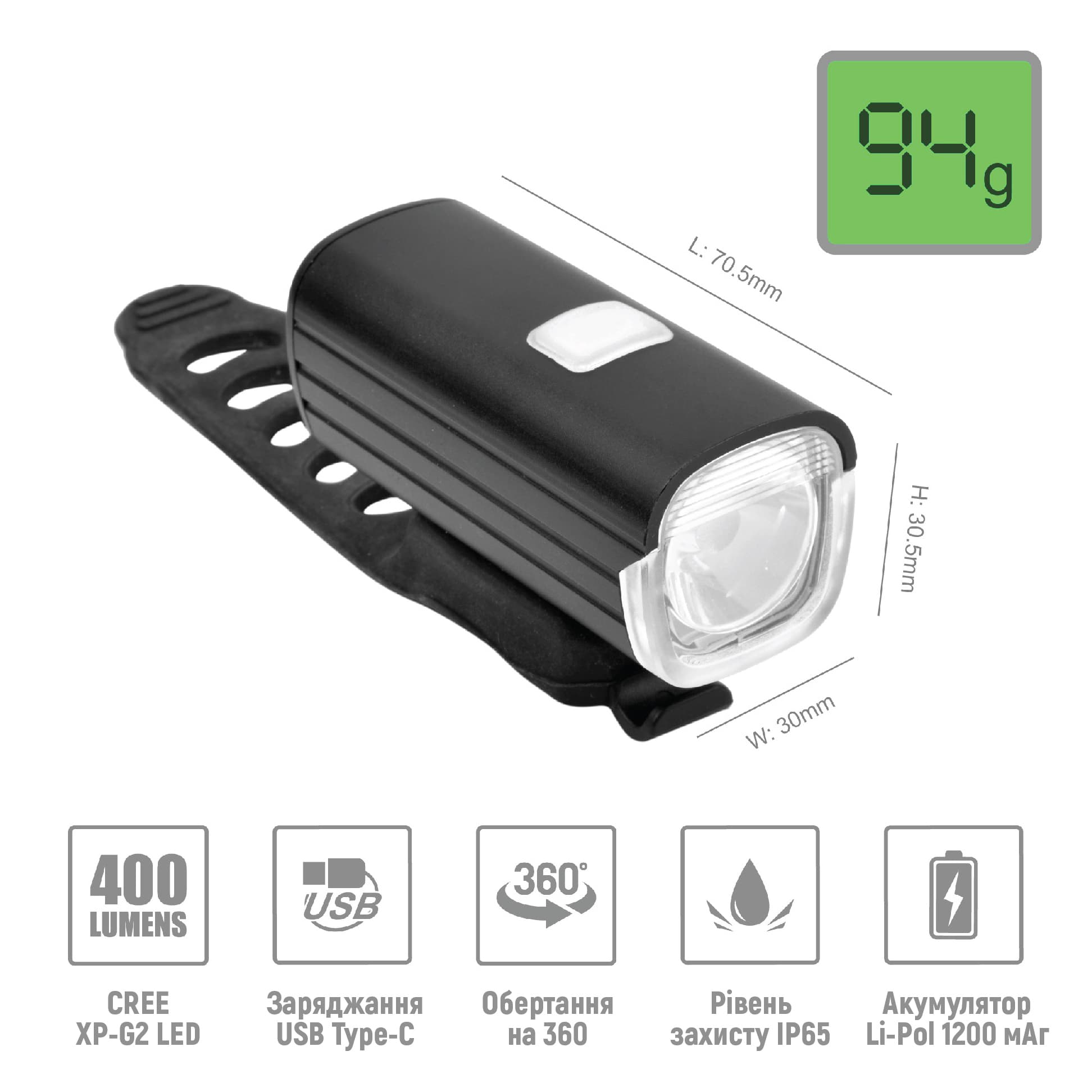 Велосипедна фара ONRIDE Burst (400 lm, 1200 mAh, Type-C), алюмінієва — мініатюра 4